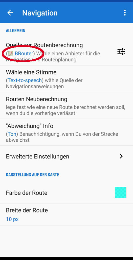 Locus Map Pro Einstellung Brouter als Offline-Routenquelle