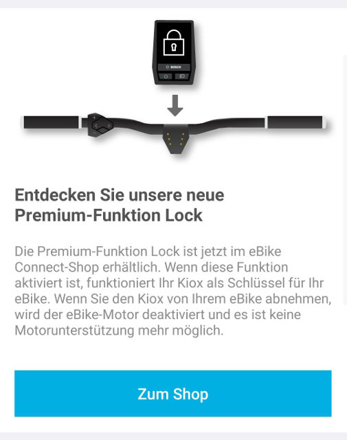 Screenshot Bosch E-Bike App, In-App Kauf der Kiox Lock Funktion