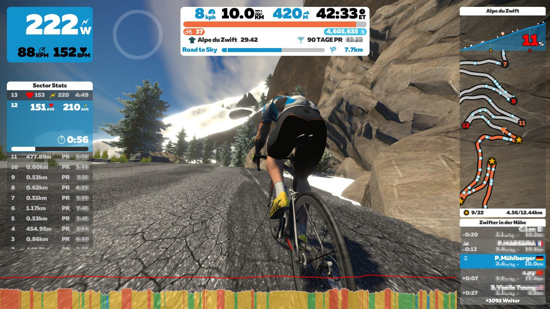 Screenshot der Zwift Windows App: Radfahrer auf der simulierten Alpe du Zwift Strecke