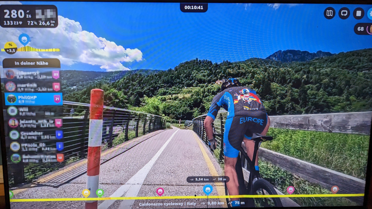 Bildschirmabfotografie der Rouvy Strecke Caldonazzo Cycleway